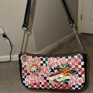 Ed Hardy Checkered Shoulder Bag with Red and Black Accents